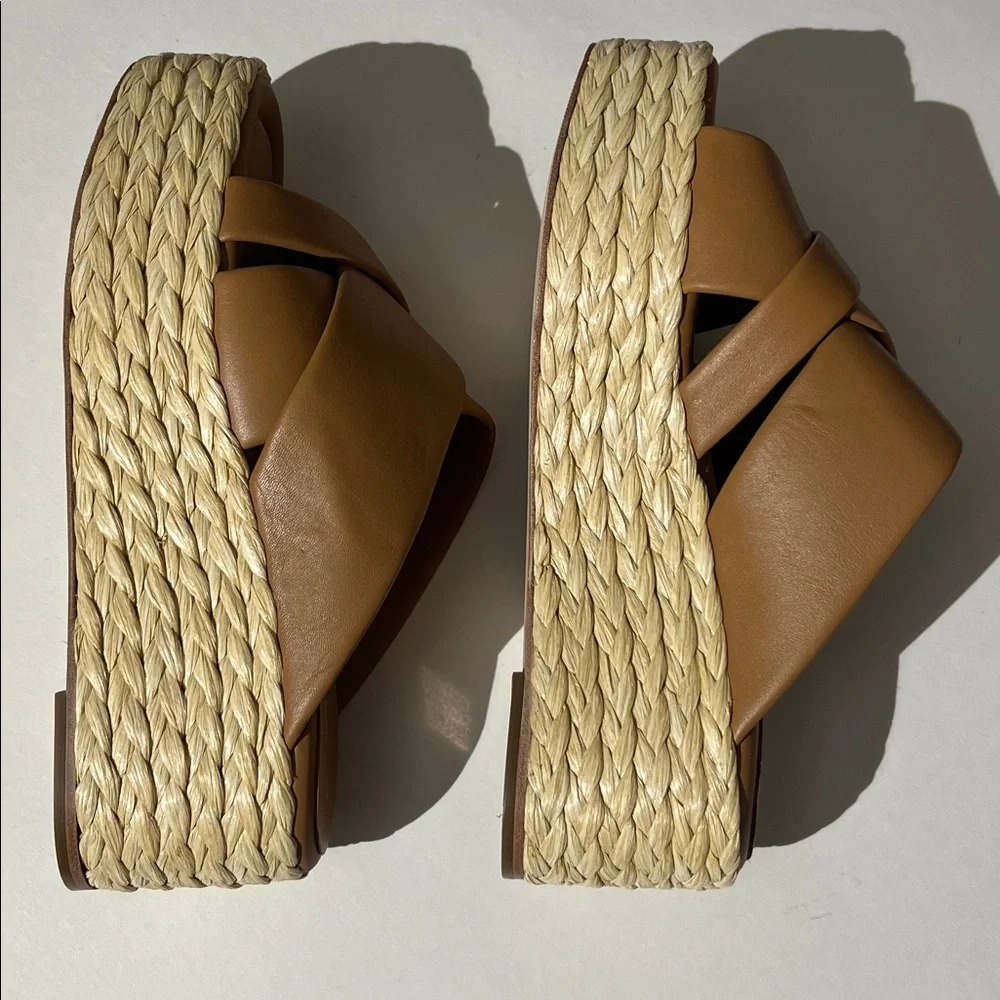 Andre Assous Calesa wedge sandals camel leather espadrilles platforms sz 39 NEW!